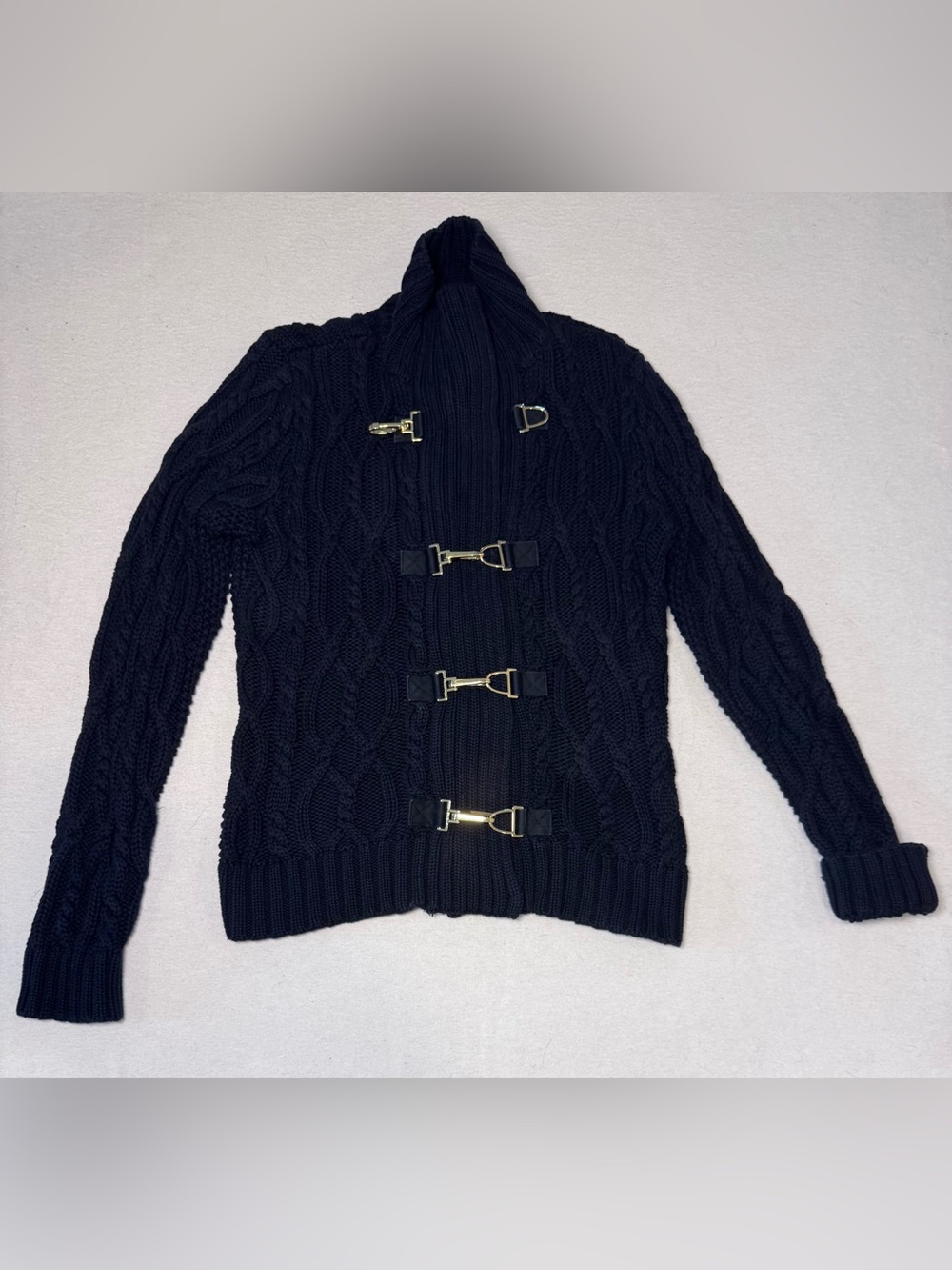 Ralph Lauren Fireman Toggle, Chunky, Equestrian Black Cable-Knit Cardigan
